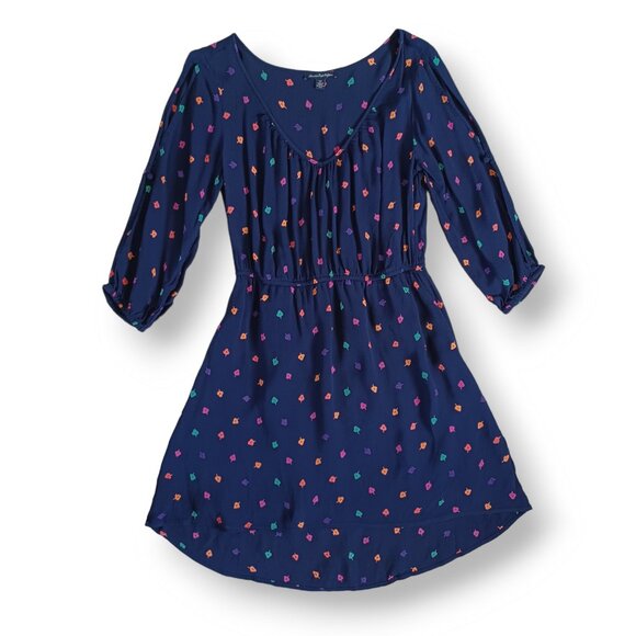 AEO American Eagle Dress Navy Blue Fit and Flare Shirt Mini Leaf Print Size S - Picture 1 of 12